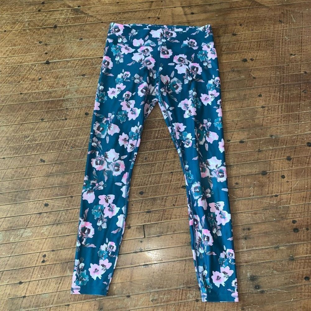 Fabletics pink floral teal Athleisure M workout leggings